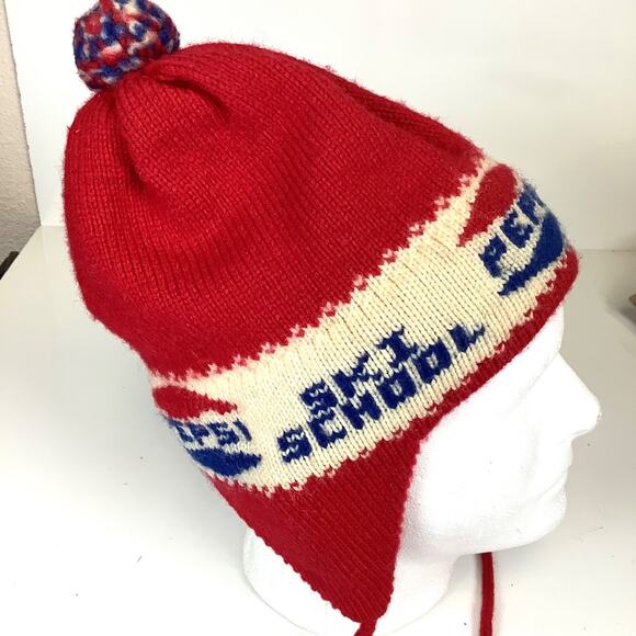 Vtg 1970s Pepsi Ski School Knit Beanie Hat Cap Red White Blue Pom Pom Winter USA - Picture 11 of 11
